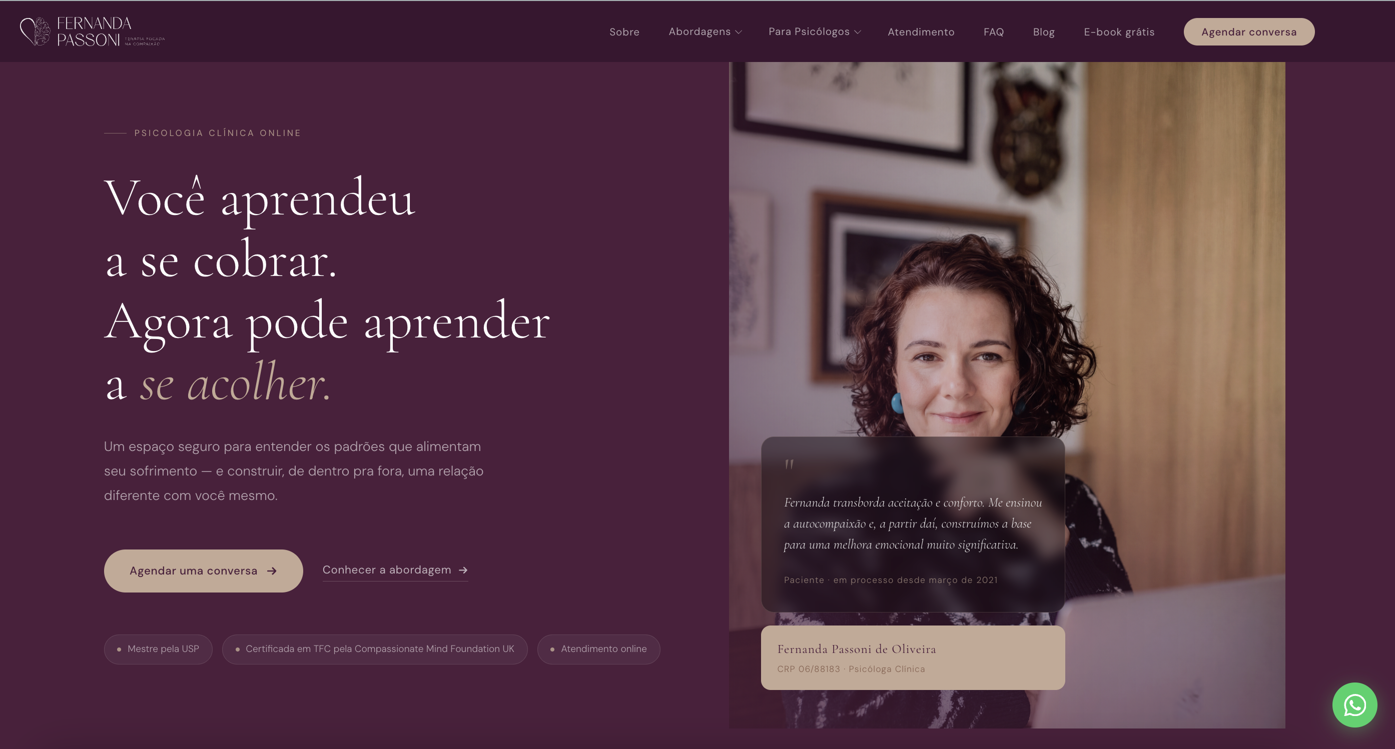 Exemplo de site de psicologia — hero do site de Fernanda Passoni